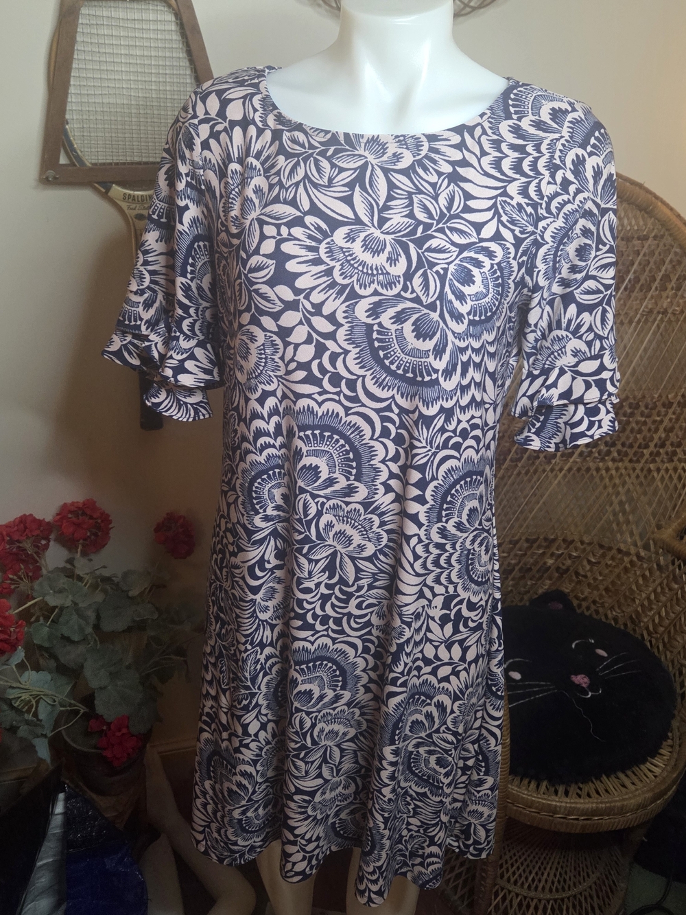 Perceptions New York Navy Patterned Ruffled Sleeve Shift Dress Size S